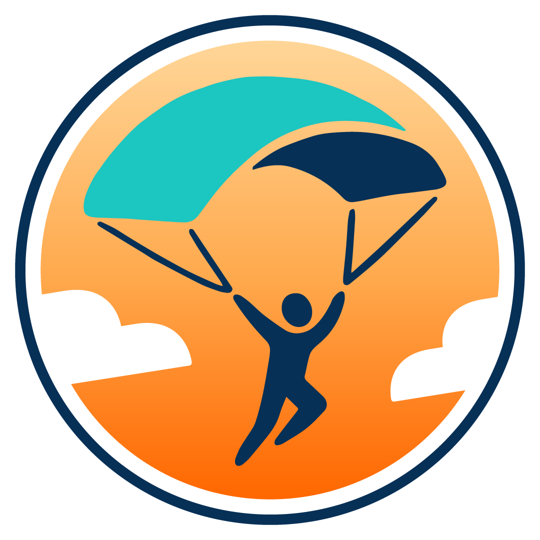 Rundes Logo Icon von Skyfactory Stadtlohn. Das Icon zeigt einen Fallschirmspringer auf orange farbengem Hintergrund.