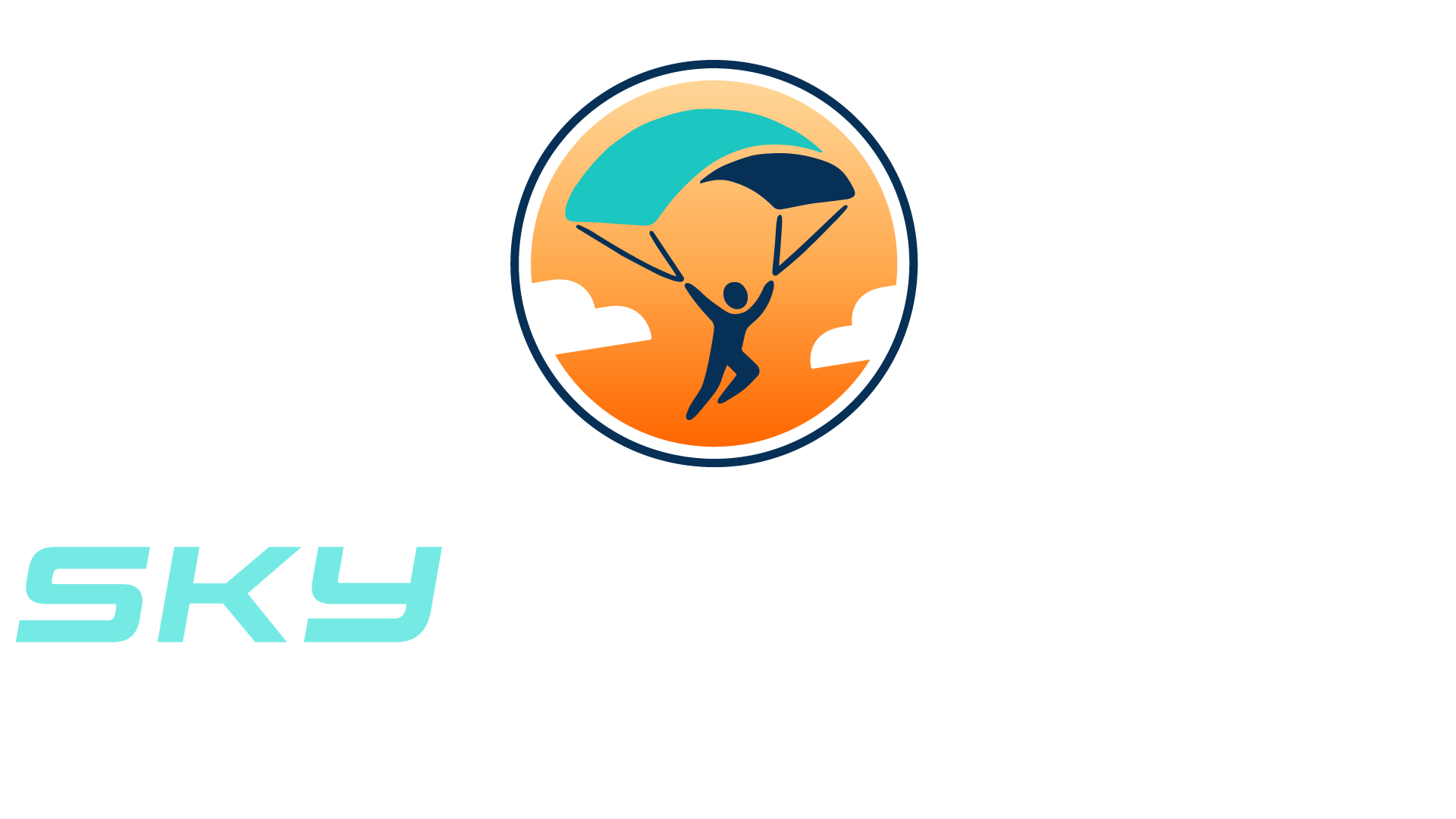 Skyfactory Stadtlohn Logo mit rundem Fallschirmspringer Icon und heller Schrift.
