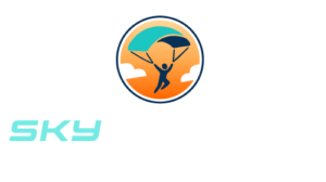 Skyfactory Stadtlohn Logo mit rundem Fallschirmspringer Icon und heller Schrift